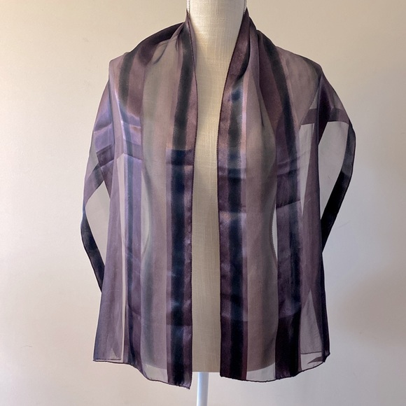 🌹Korean purple silk feel striped scarf many ways worn size 58”x14” - Picture 6 of 13